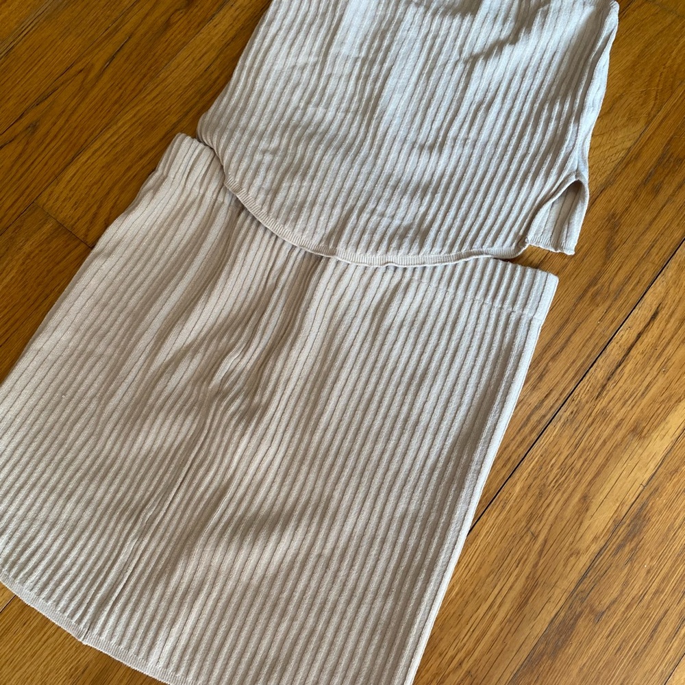 2 Piece Beige Ribbed Skirt and Tank Set, Sleeveless, Stretch, Casual Minimalist - Picture 2 of 2